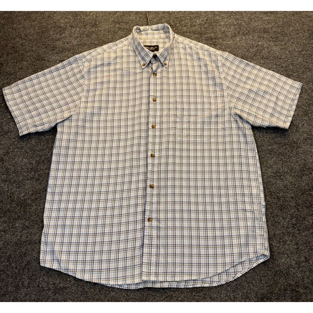 Eddie Bauer Men's Large Blue Plaid Short Sleeve Button Down Shirt Relaxed Fit